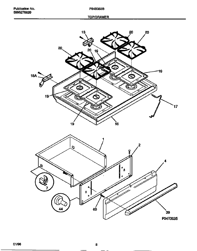 TOP / DRAWER Diagram and Parts List for F64B350BDB  Frigidaire Range