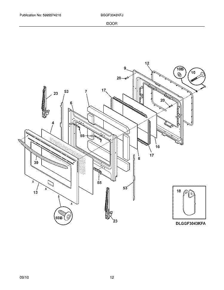DOOR Diagram and Parts List for BGGF3042KFJ  Frigidaire Range