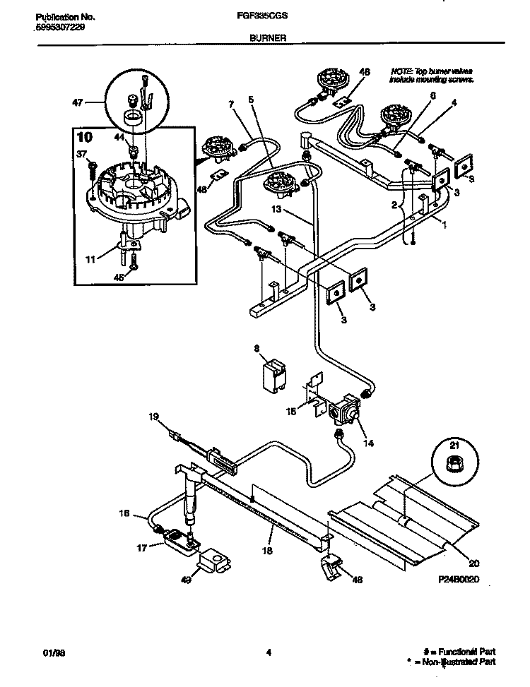 BURNER Diagram and Parts List for FGF335CGTA  Frigidaire Range