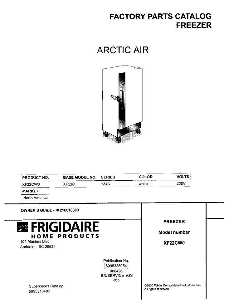 COVER Diagram and Parts List for XF22CW0  Frigidaire Freezer