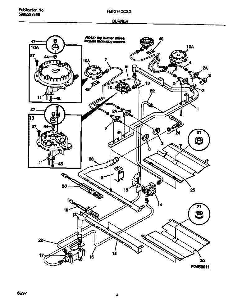 BURNER Diagram and Parts List for FGF374CCSG  Frigidaire Range
