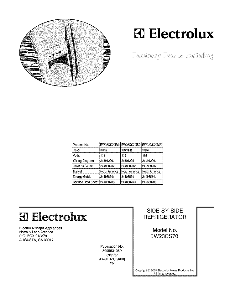 COVER Diagram and Parts List for EW23CS70IW0  Electrolux Refrigerator