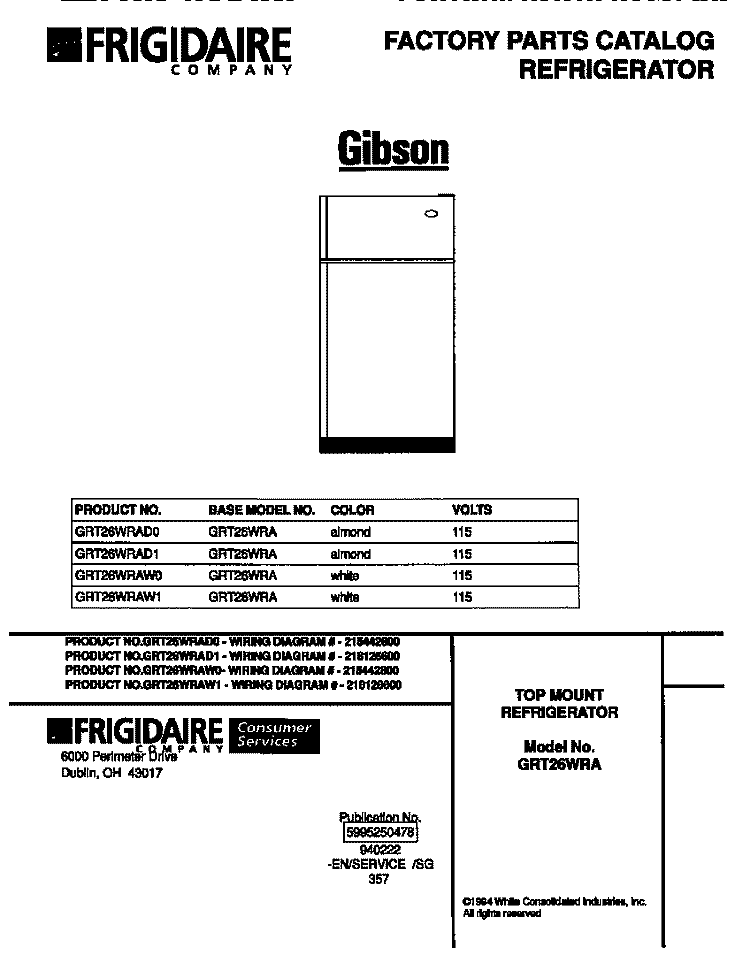 COVER Diagram and Parts List for GRT26WRAD1  Gibson Refrigerator