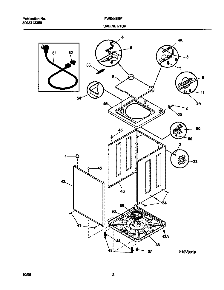 P12V0019 WSHR CAB, TOP Diagram and Parts List for FWS445RFS1  Frigidaire Washer