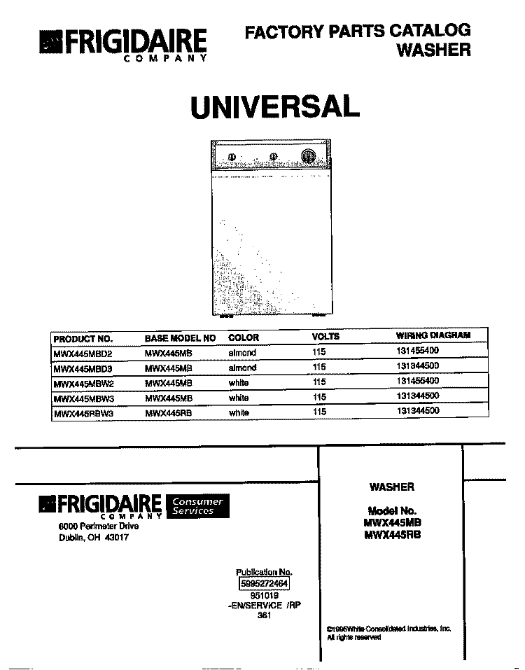 COVER Diagram and Parts List for MWX445MBD3  Frigidaire Washer