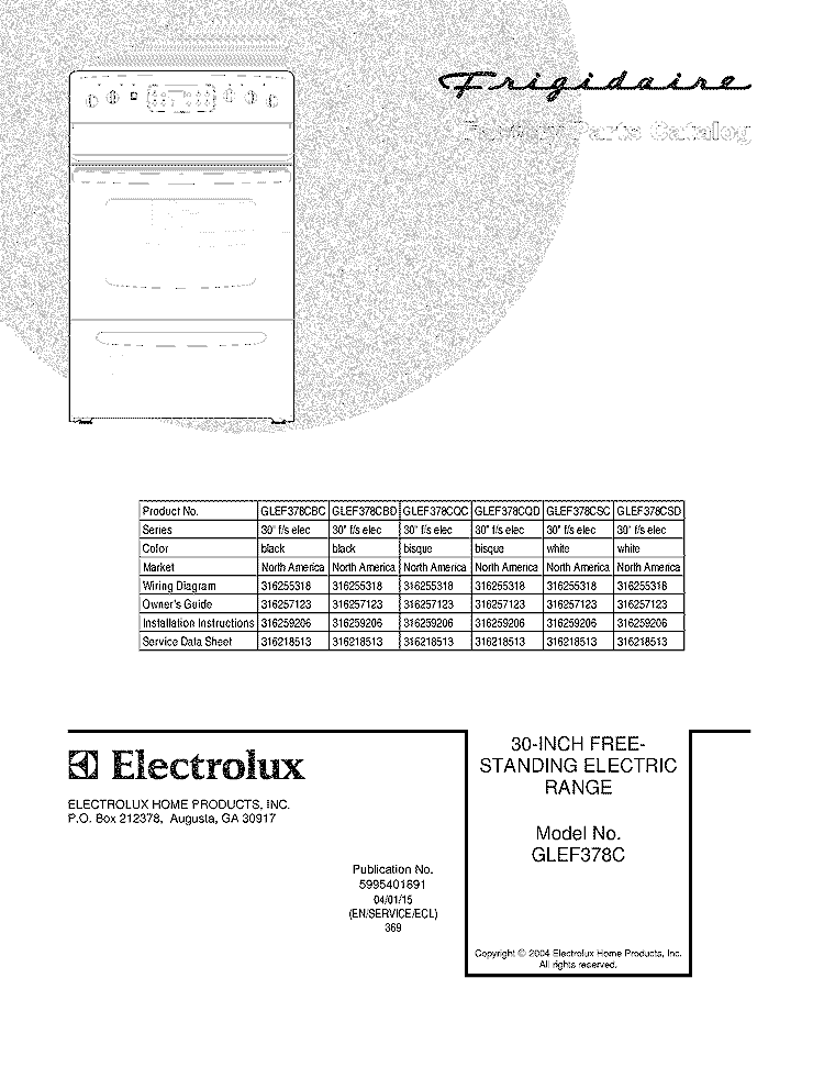 COVER Diagram and Parts List for GLEF378CQC  Frigidaire Range