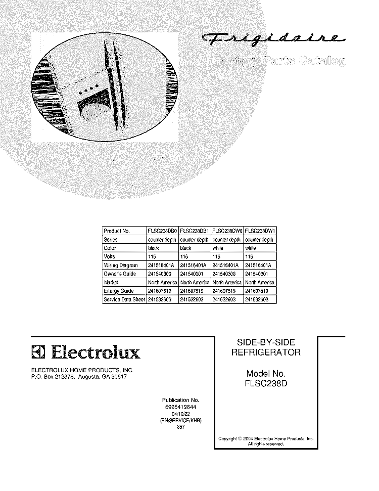 COVER Diagram and Parts List for FLSC238DW0  Frigidaire Refrigerator