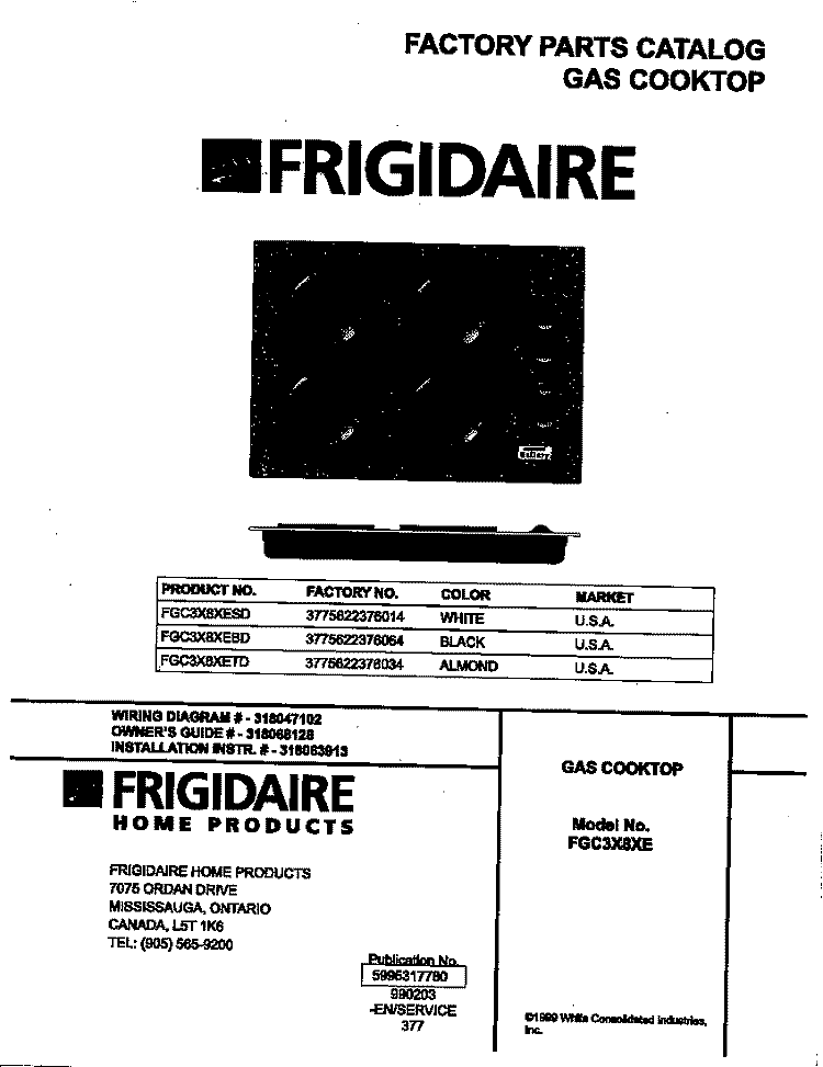 COVER Diagram and Parts List for FGC3X8XETD  Frigidaire Cooktop
