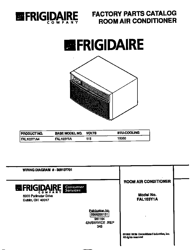 COVER Diagram and Parts List for FAL103Y1A4  Frigidaire Air Conditioner