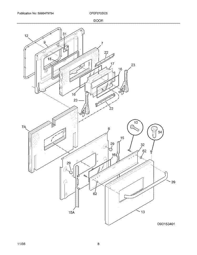 DOOR Diagram and Parts List for CFEF272DC5  Frigidaire Range