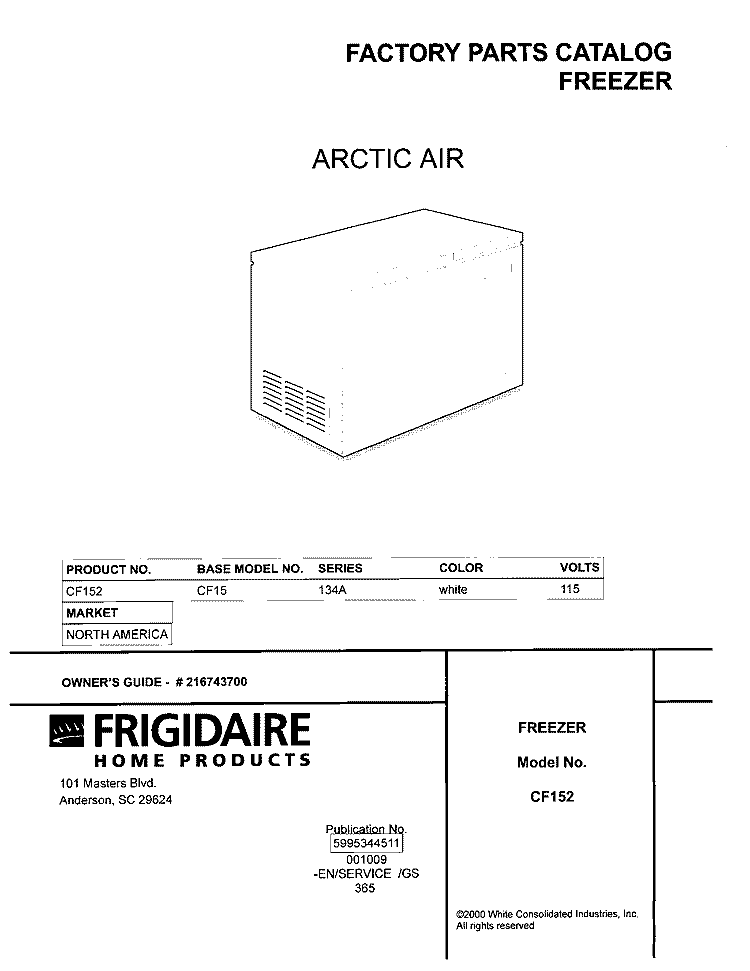 COVER Diagram and Parts List for CF152  Frigidaire Freezer