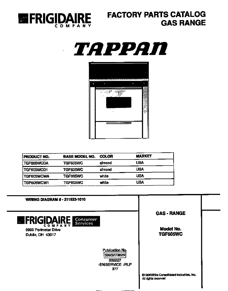 COVER Diagram and Parts List for TGF605WCDA  Tappan Range