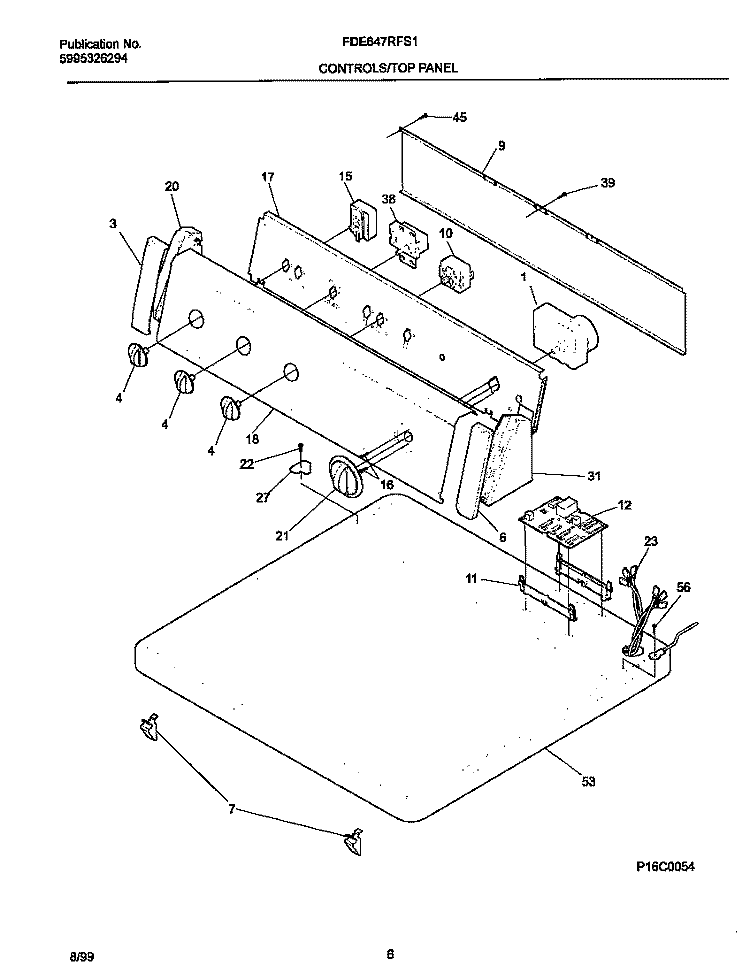P16C0054 CONTROL PANEL Diagram and Parts List for FDE647RFS1  Frigidaire Dryer