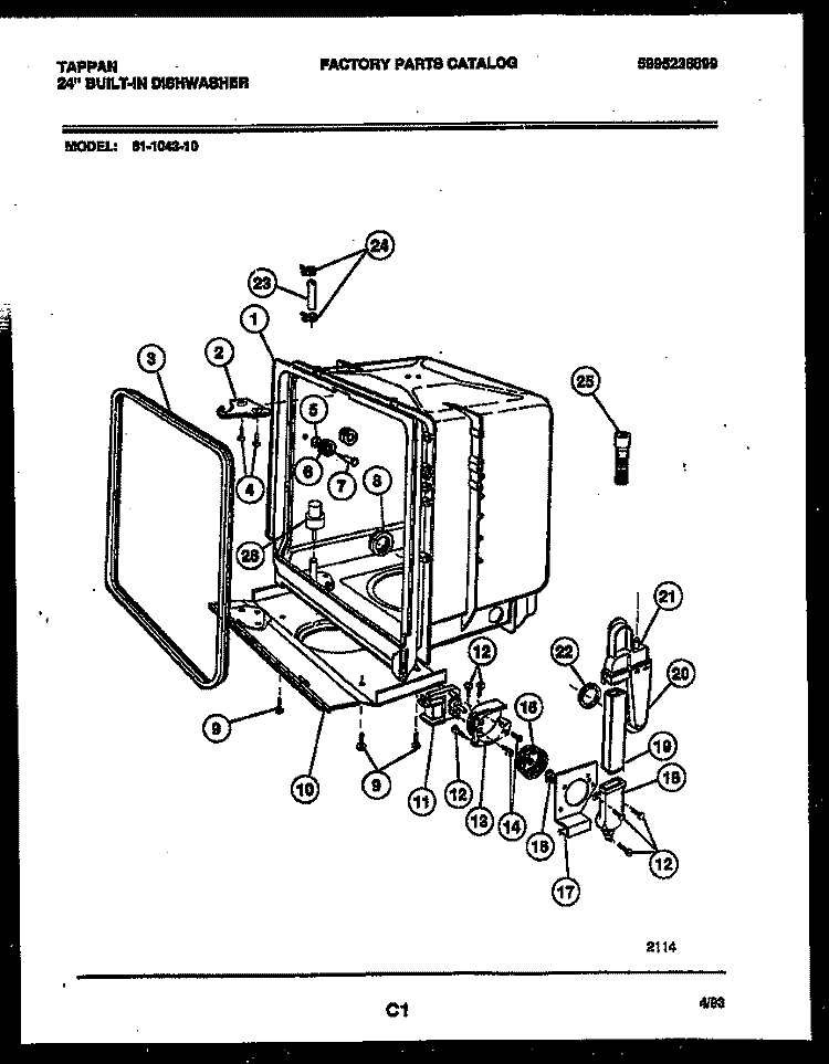 TUB AND FRAME PARTS Diagram and Parts List for 61-1043-10-00  Tappan Dishwasher