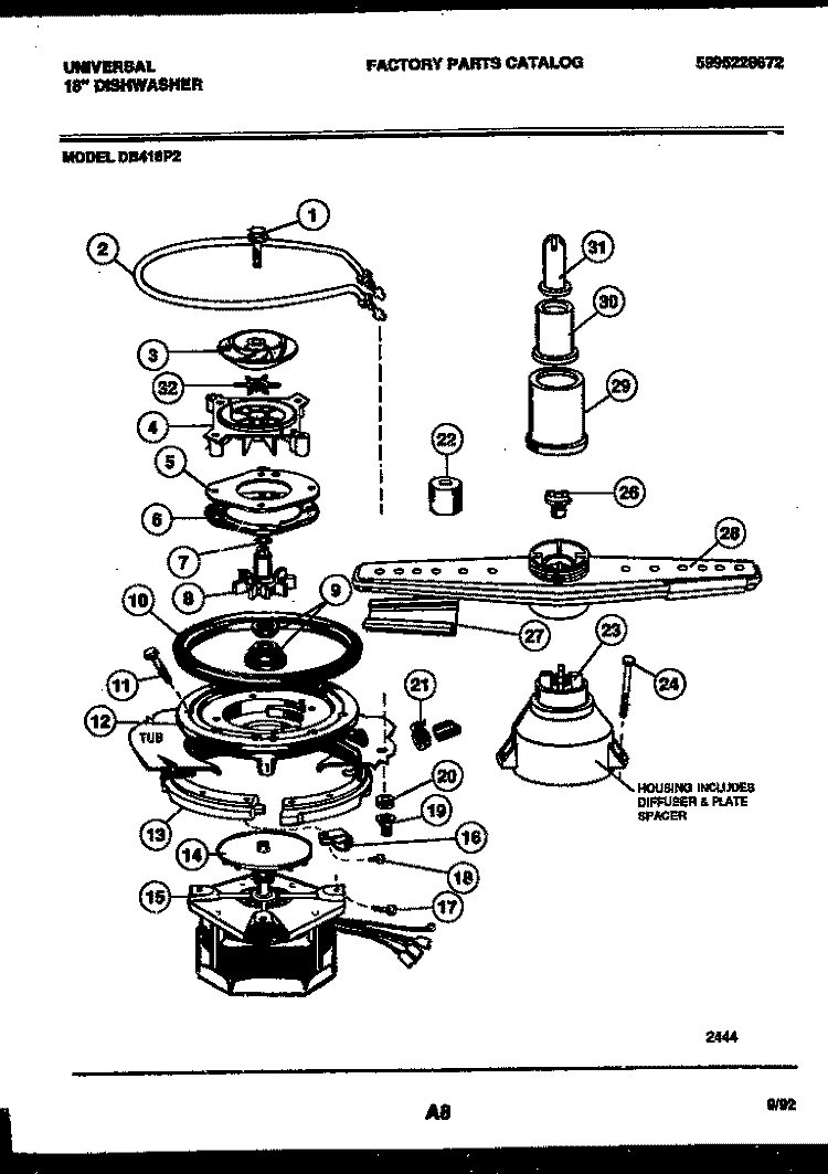 MOTOR PUMP PARTS Diagram and Parts List for DB418PW2  Frigidaire Dishwasher