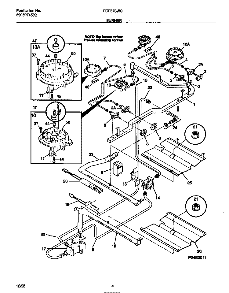 BURNER Diagram and Parts List for FGF378WCCB  Frigidaire Range