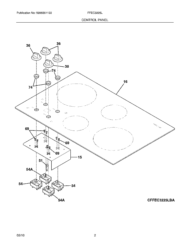 CONTROL PANEL Diagram and Parts List for FFEC3225LBA  Frigidaire Cooktop
