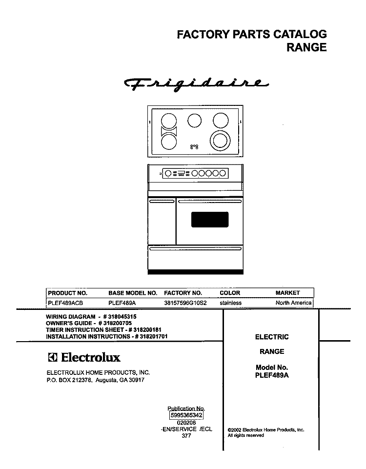 COVER Diagram and Parts List for PLEF489ACB  Frigidaire Range