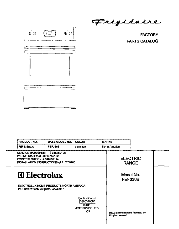 COVER Diagram and Parts List for FEF336BCA  Frigidaire Range