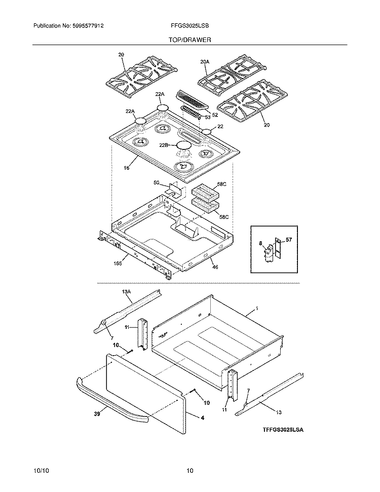 TOP/DRAWER Diagram and Parts List for FFGS3025LSB  Frigidaire Range