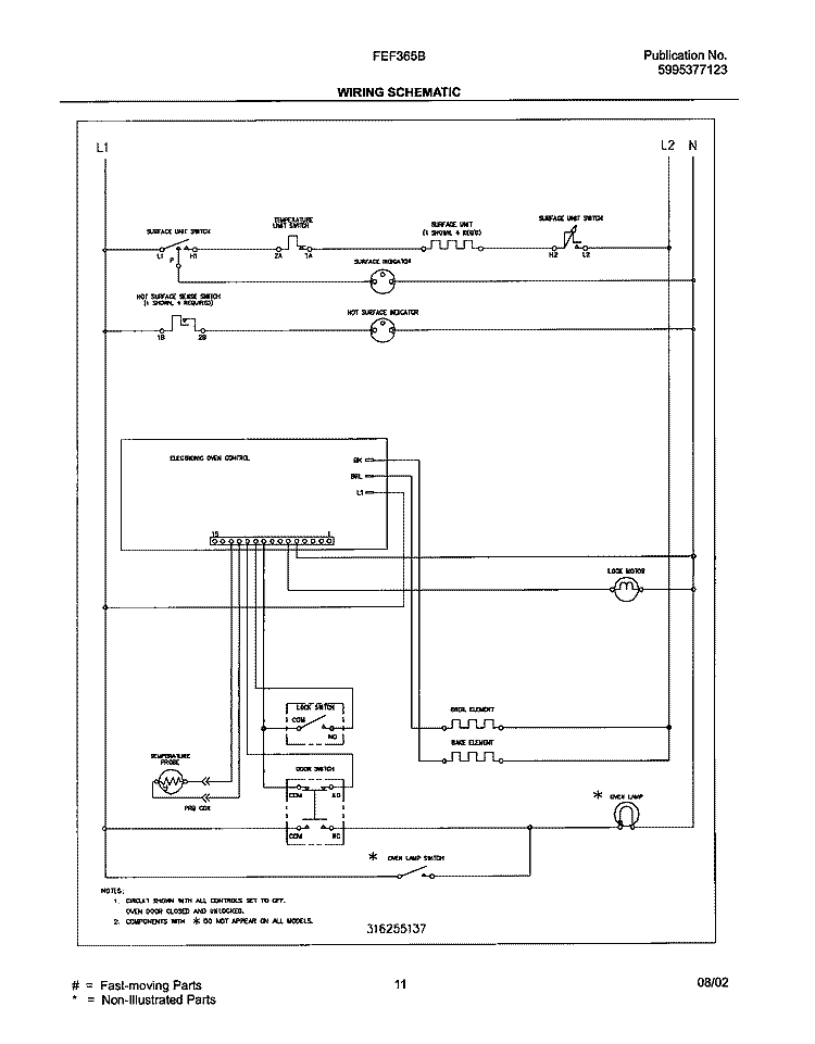 WIRING SCHEMATIC Diagram and Parts List for FEF365BUA  Frigidaire Range