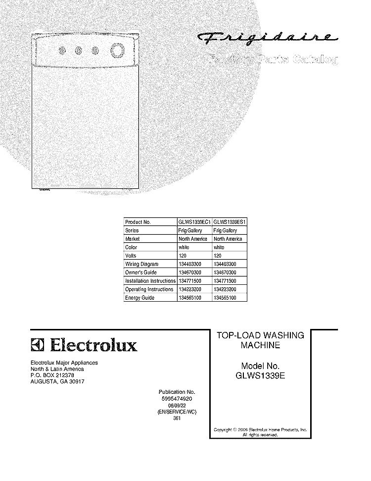 COVER Diagram and Parts List for GLWS1339ES1  Frigidaire Washer