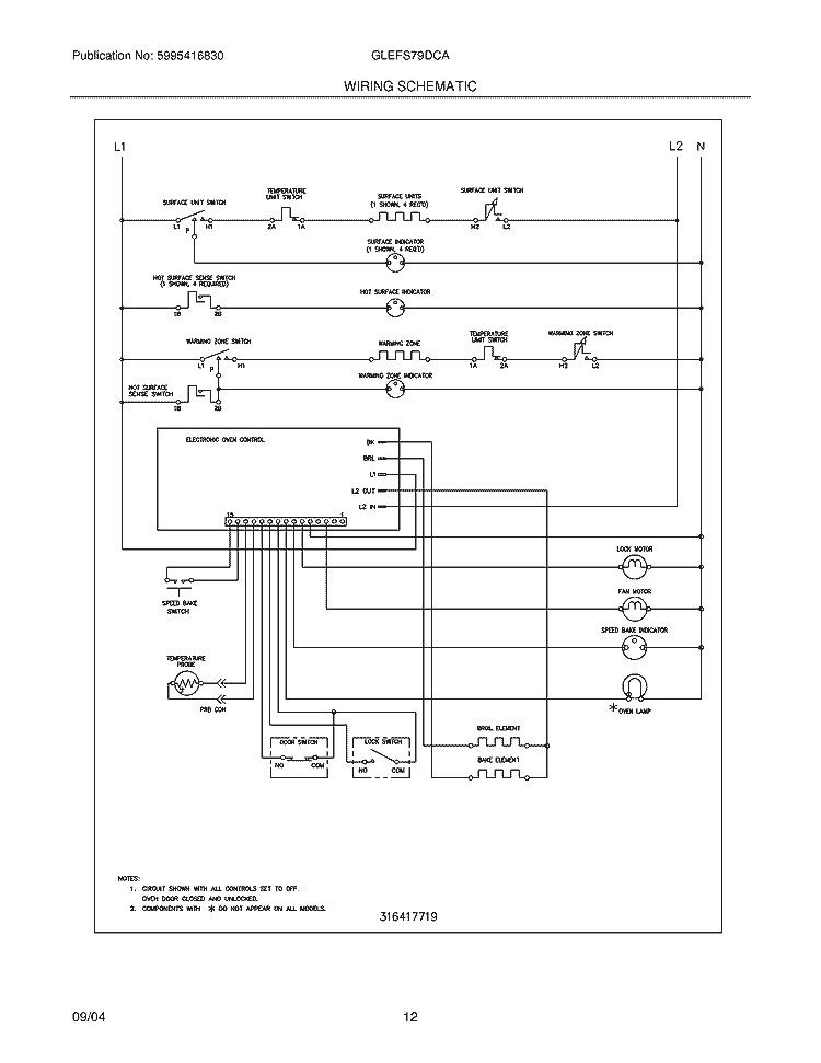 WIRING SCHEMATIC Diagram and Parts List for GLEFS79DCA  Frigidaire Range
