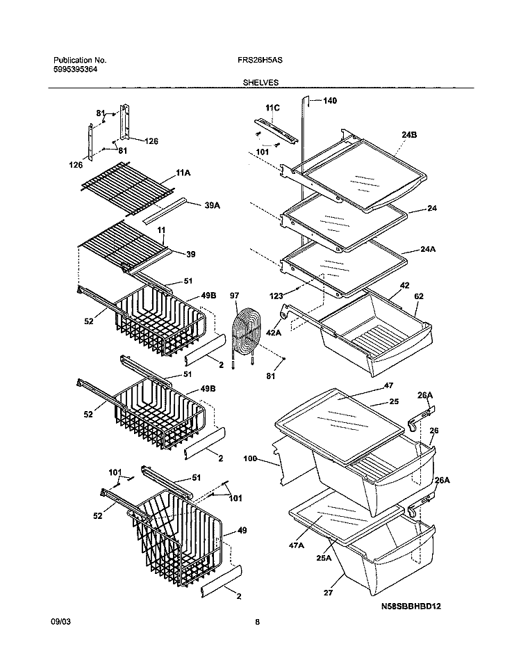 SHELVES Diagram and Parts List for FRS26H5ASB8  Frigidaire Refrigerator