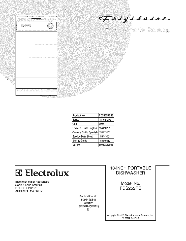 COVER Diagram and Parts List for FDS252RBS2  Frigidaire Dishwasher