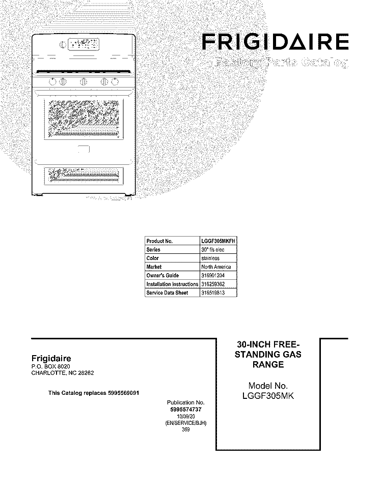 COVER Diagram and Parts List for LGGF305MKFH  Frigidaire Range
