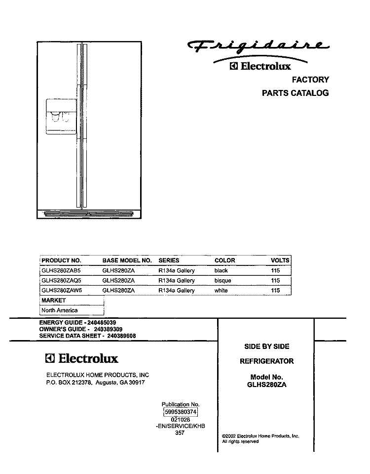 COVER Diagram and Parts List for GLHS280ZAB5  Frigidaire Refrigerator
