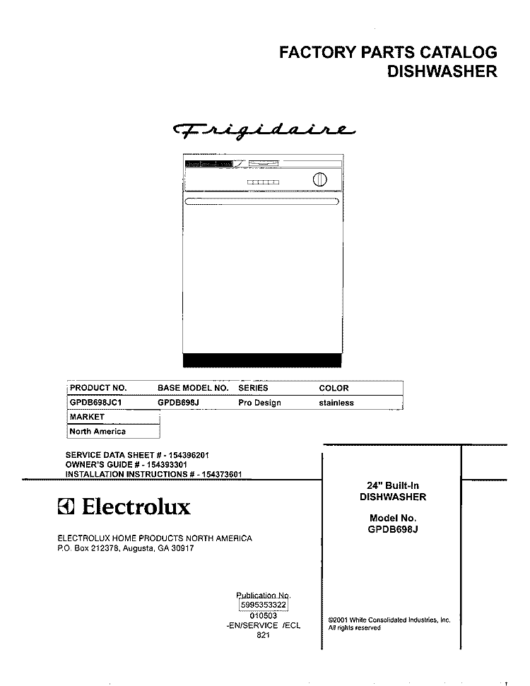 COVER Diagram and Parts List for GPDB698JC1  Frigidaire Dishwasher