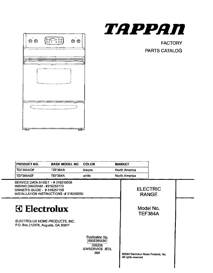 COVER Diagram and Parts List for TEF364AQF  Tappan Range