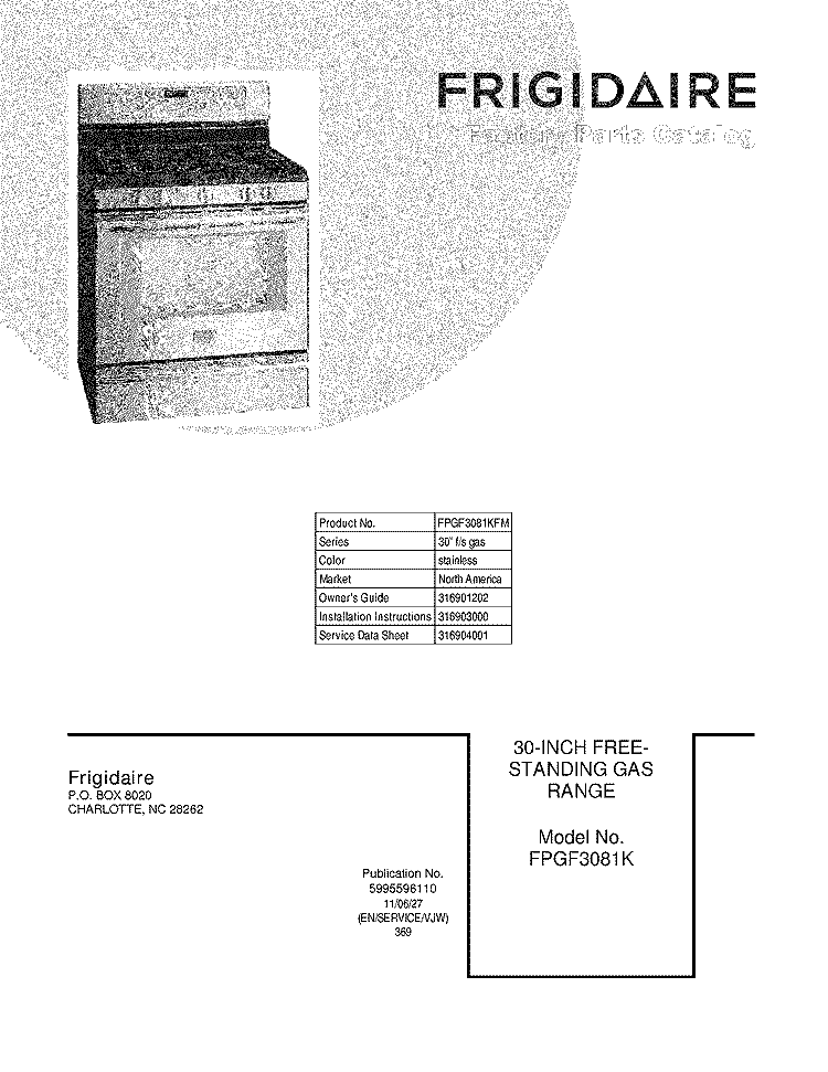 COVER Diagram and Parts List for FPGF3081KFM  Frigidaire Range