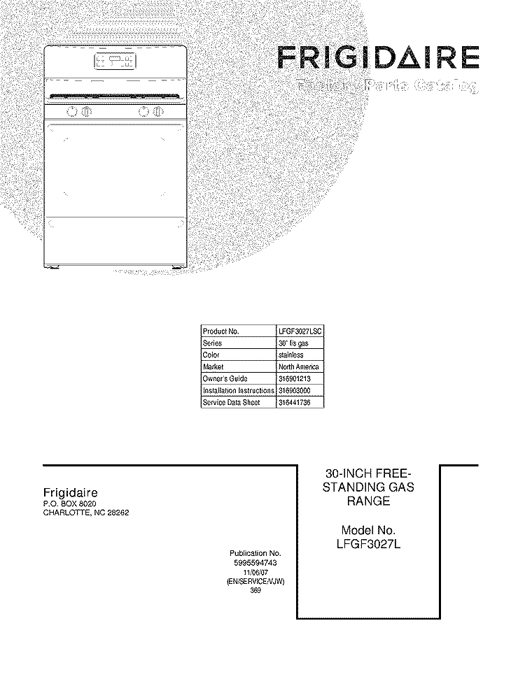 COVER Diagram and Parts List for LFGF3027LSC  Frigidaire Range