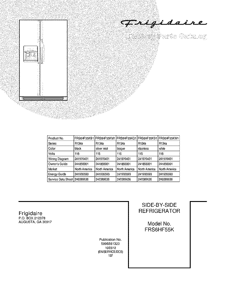 COVER Diagram and Parts List for FRS6HF55KM1  Frigidaire Refrigerator