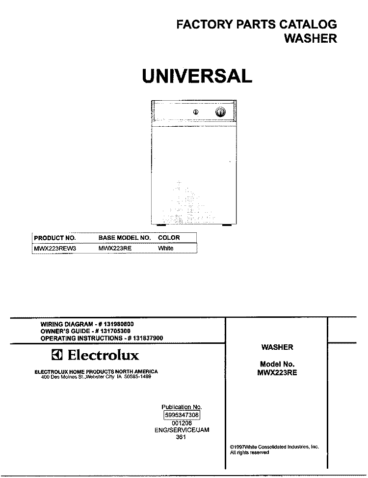 COVER Diagram and Parts List for MWX223REW3  Frigidaire Washer