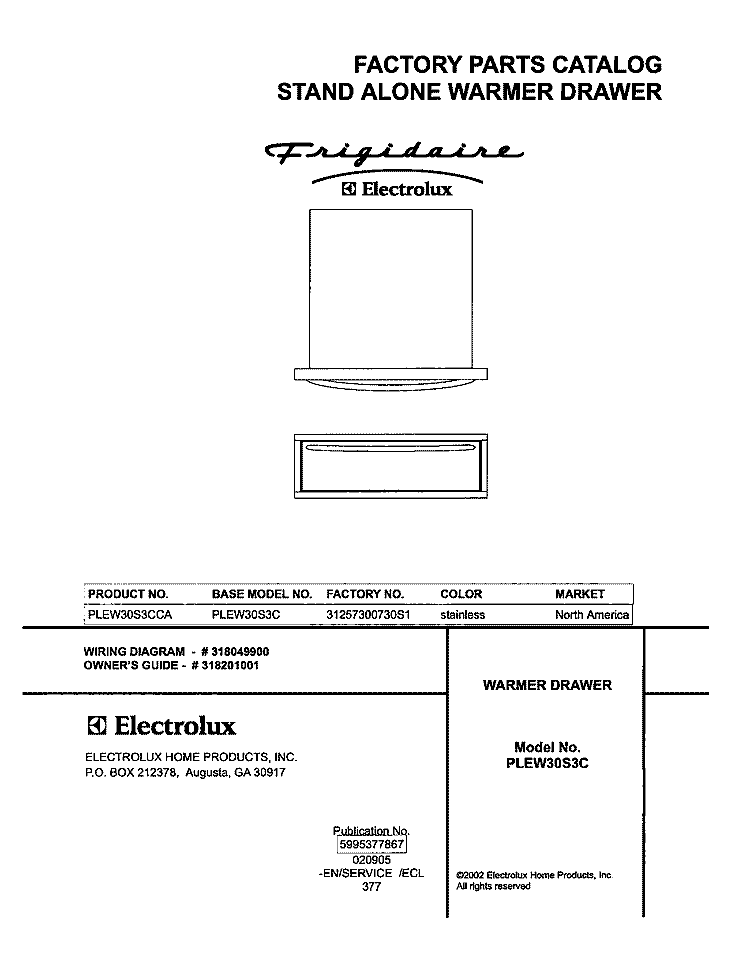 COVER Diagram and Parts List for PLEW30S3CCA  Frigidaire Warming Drawer
