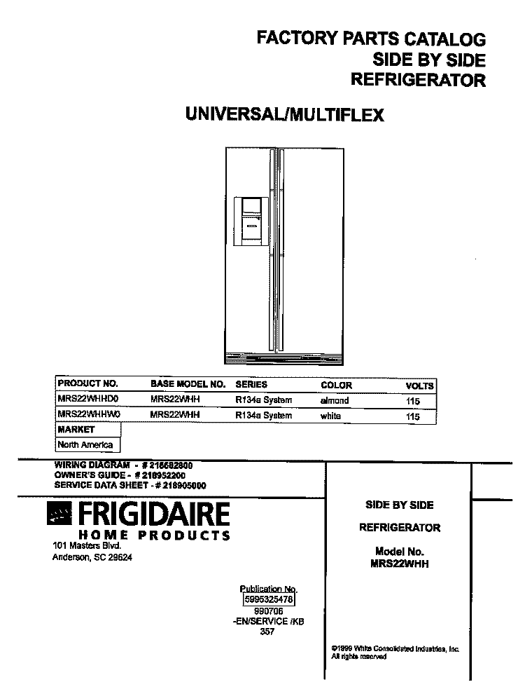 COVER Diagram and Parts List for MRS22WHHW0  Frigidaire Refrigerator