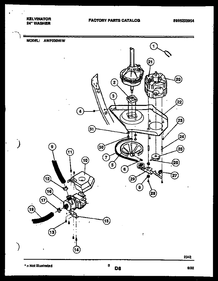 MOTOR AND IDLER ARM CLUTCH Diagram and Parts List for AWP330H1W  Kelvinator Washer