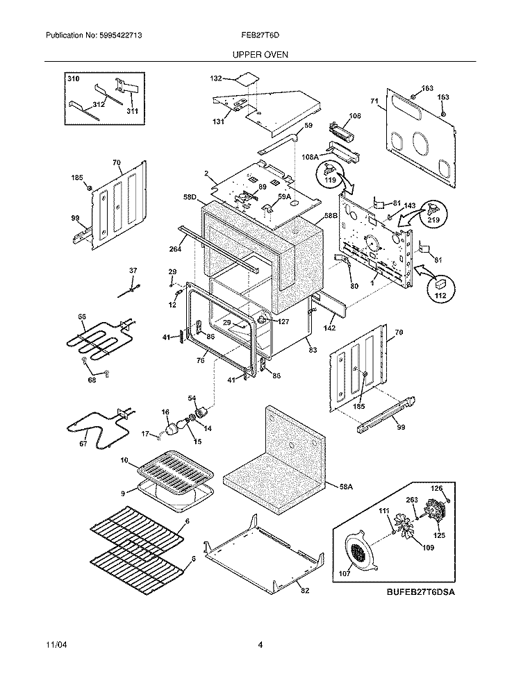 UPPER OVEN Diagram and Parts List for FEB27T6DQA  Frigidaire Wall Oven