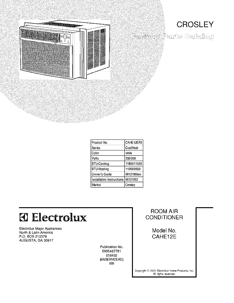 COVER Diagram and Parts List for CAHE12ER2  Crosley Air Conditioner