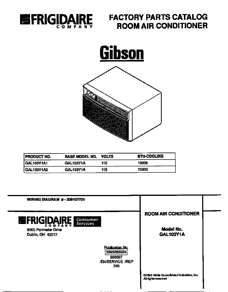 COVER Diagram and Parts List for GAL103Y1A1  Gibson Air Conditioner