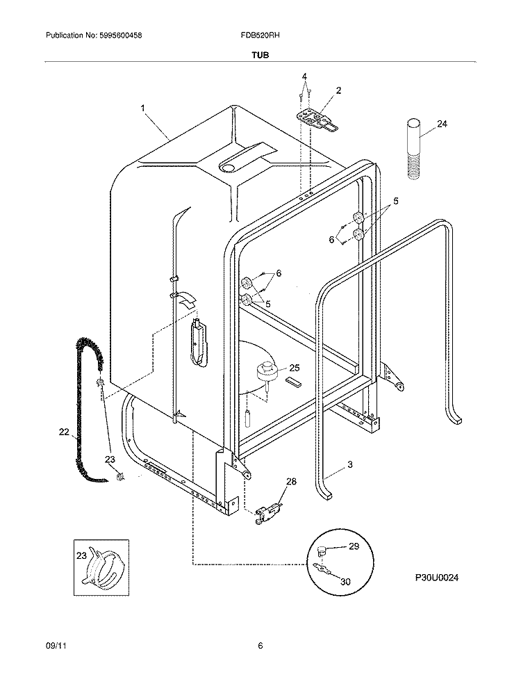 TUB Diagram and Parts List for FDB520RHS2  Frigidaire Dishwasher