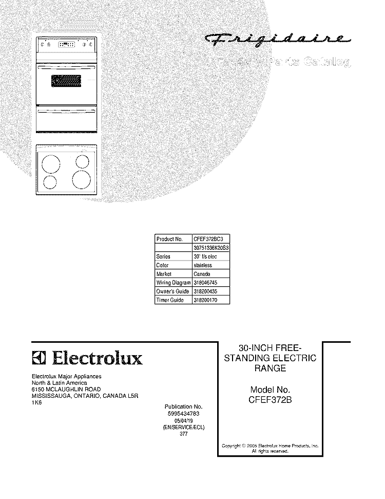 COVER Diagram and Parts List for CFEF372BC3  Frigidaire Range