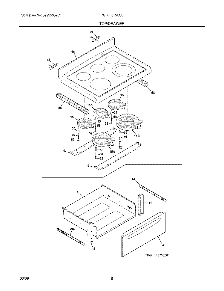 TOP/DRAWER Diagram and Parts List for PGLEF375ES8  Frigidaire Wall Oven