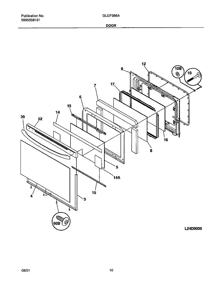 DOOR Diagram and Parts List for GLGF366AQB  Frigidaire Range
