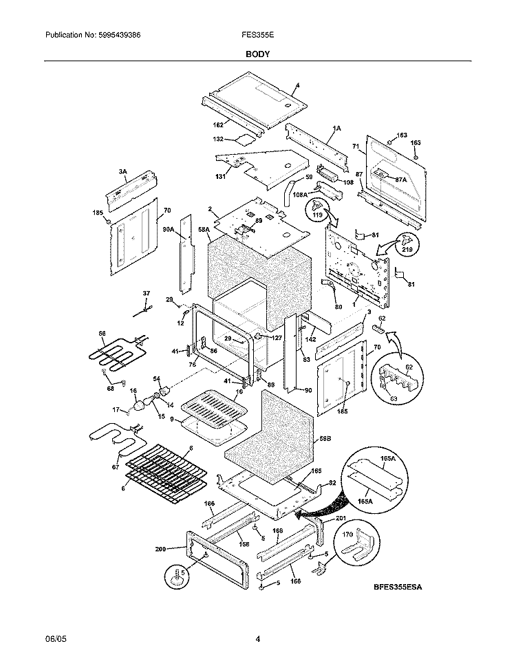 BODY Diagram and Parts List for FES355EBA  Frigidaire Range