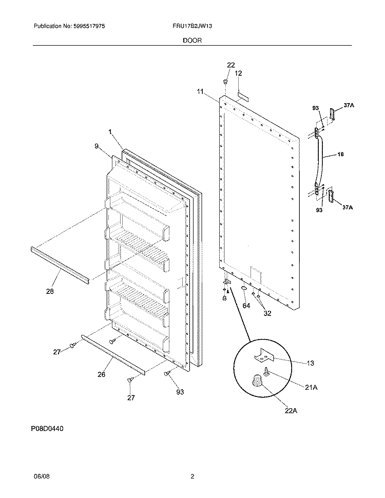 DOOR Diagram and Parts List for FRU17B2JW13  Frigidaire Refrigerator