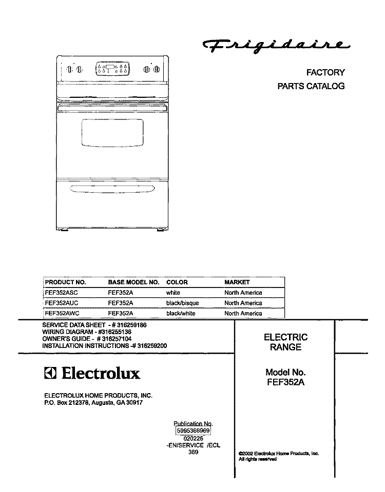 COVER Diagram and Parts List for FEF352AUC  Frigidaire Range